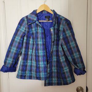 Blue Plaid Lightweight Quilted silver Button Jacket SZ L